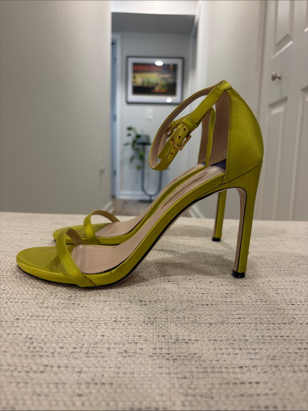 Stuart Weitzman Nudist 115 Satin Stiletto Sandals – Chartreuse Lime Green